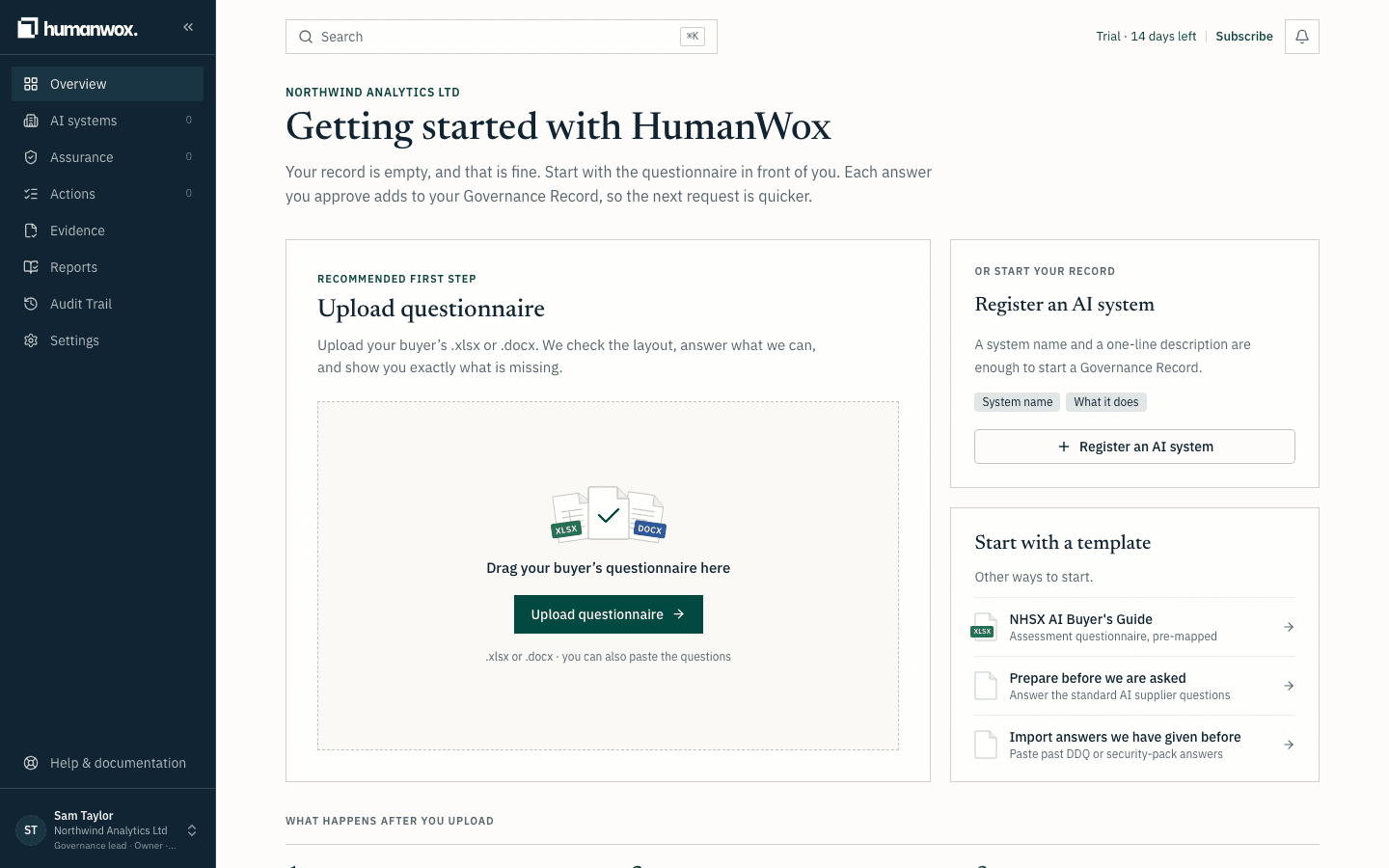 The Getting started screen for an empty record. Start with a questionnaire or register a system.