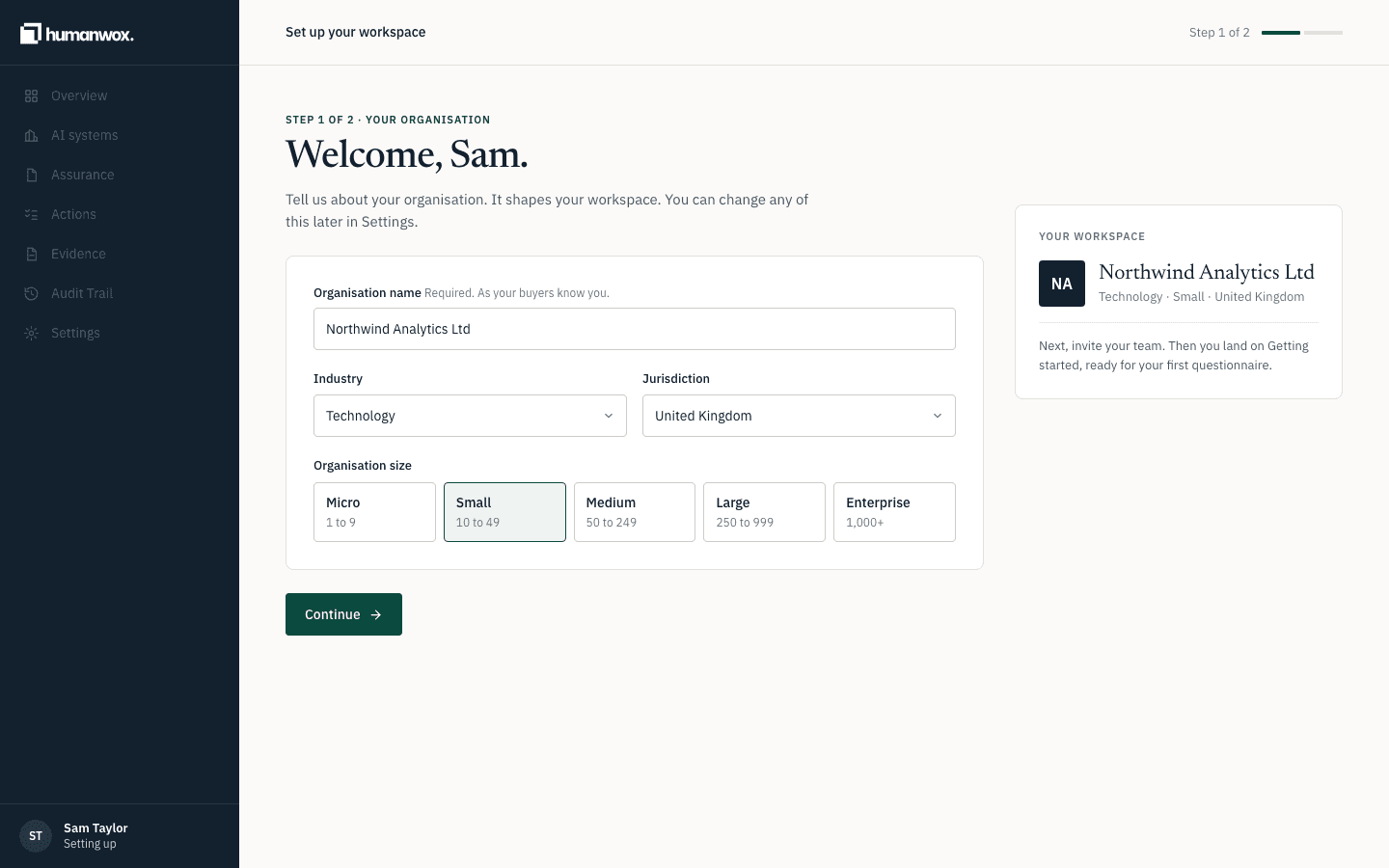 Step one of onboarding. Enter your organisation name as your buyers know you.