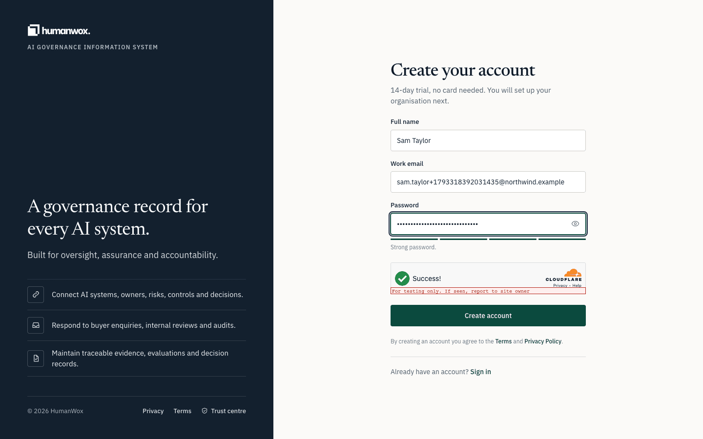 The Create account form. Fill in your name, work email and a password.
