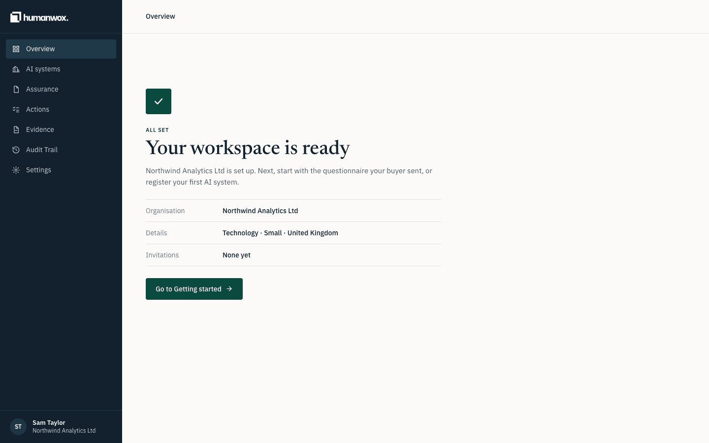 Your workspace is ready. Select Go to Getting started.