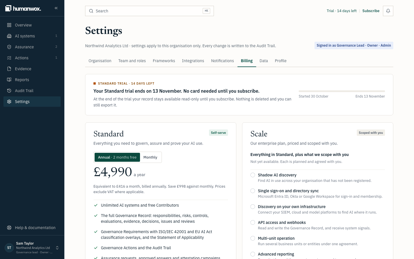Settings, Billing. Your plan, your trial, and the plans available.