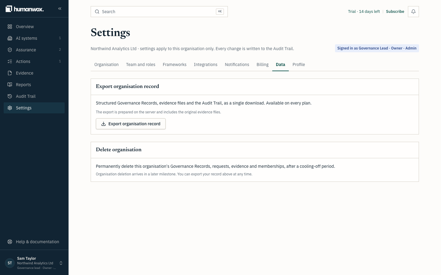 Settings, Data. Download your organisation record on any plan.