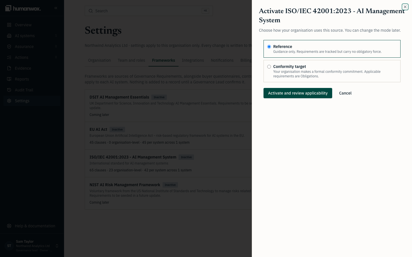 Activating ISO/IEC 42001. Choose Activate and review applicability to open the review.