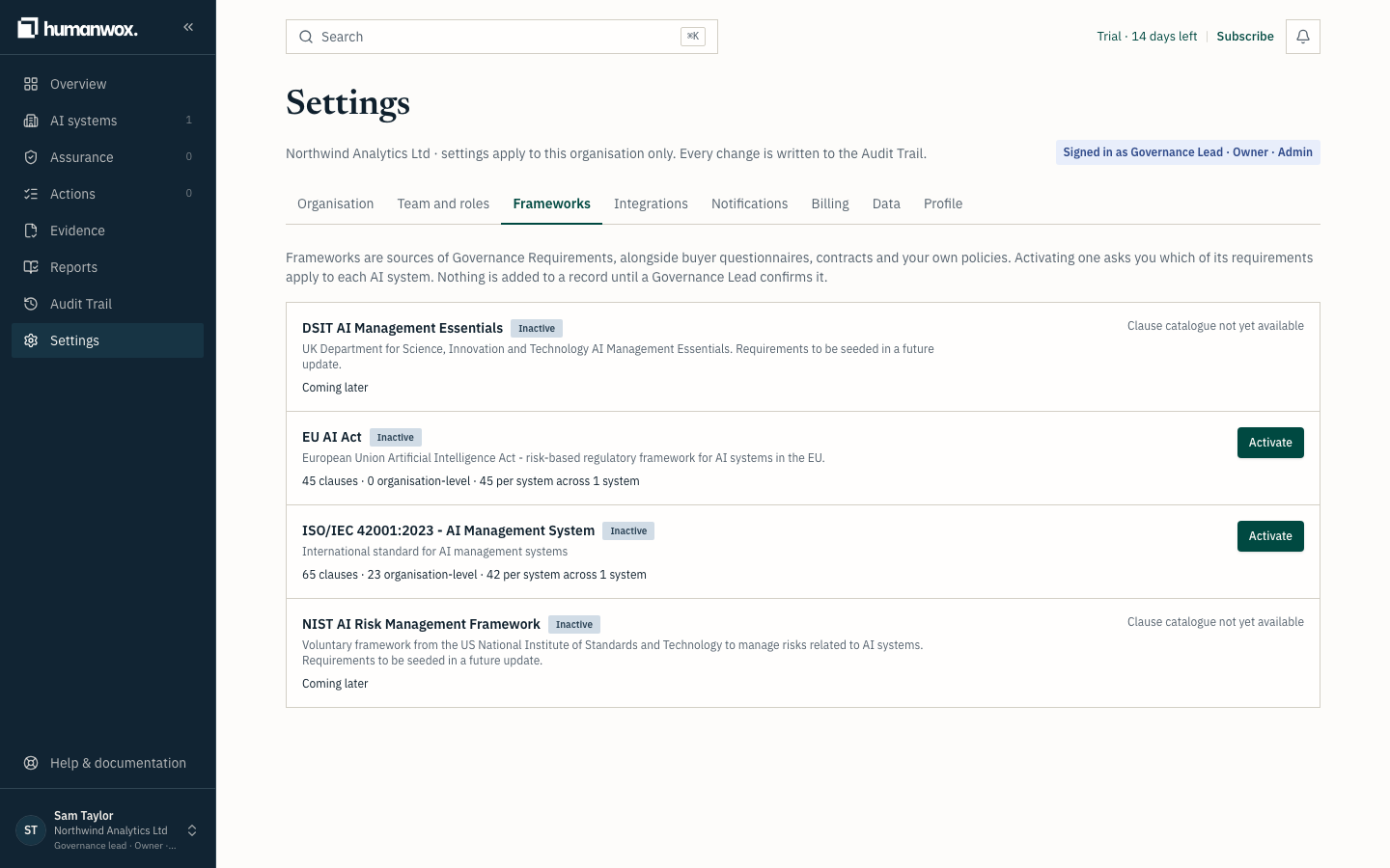 Settings, Frameworks. The frameworks you can activate, with a short note on what activation does.