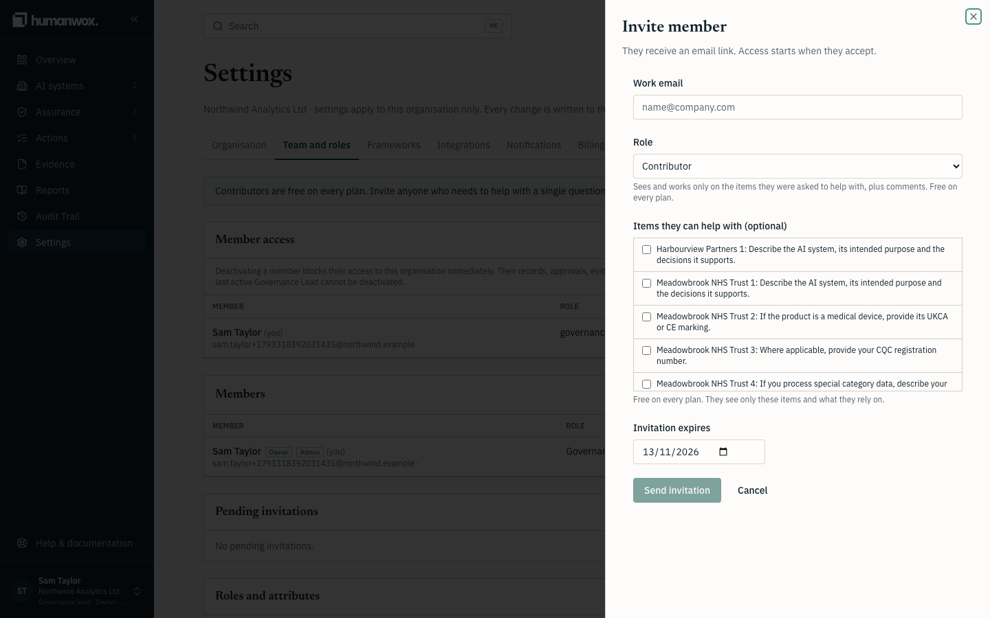 Inviting a member. Enter their work email and choose a role.