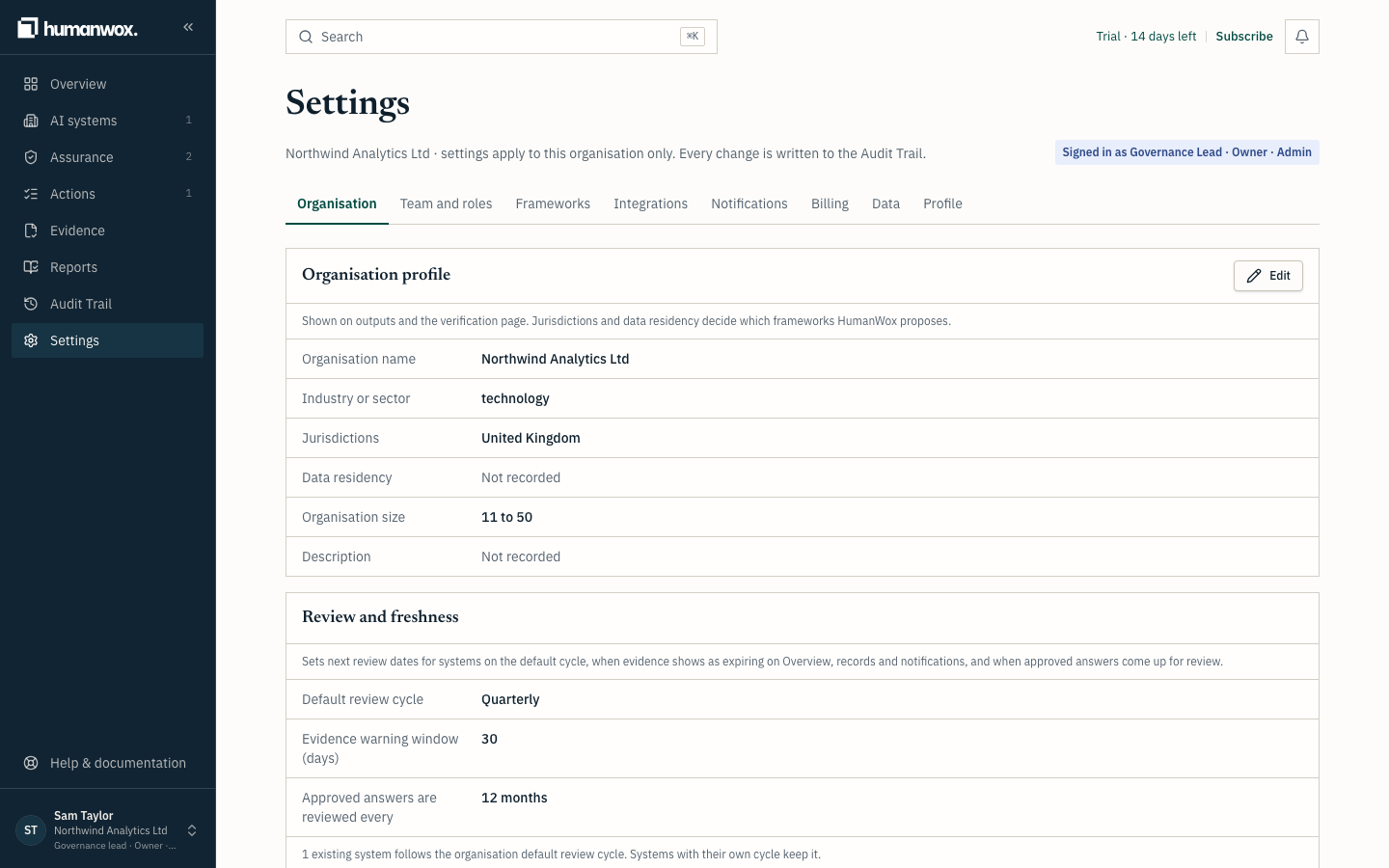 Settings, Organisation. Your organisation name is how your buyers know you.