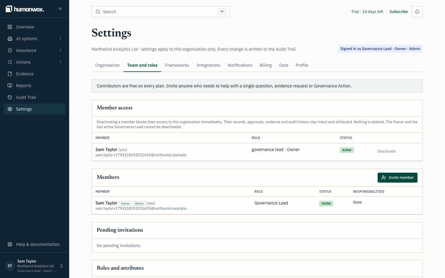 Settings, Team and roles. Each member's role, with the Owner and Admin attributes.