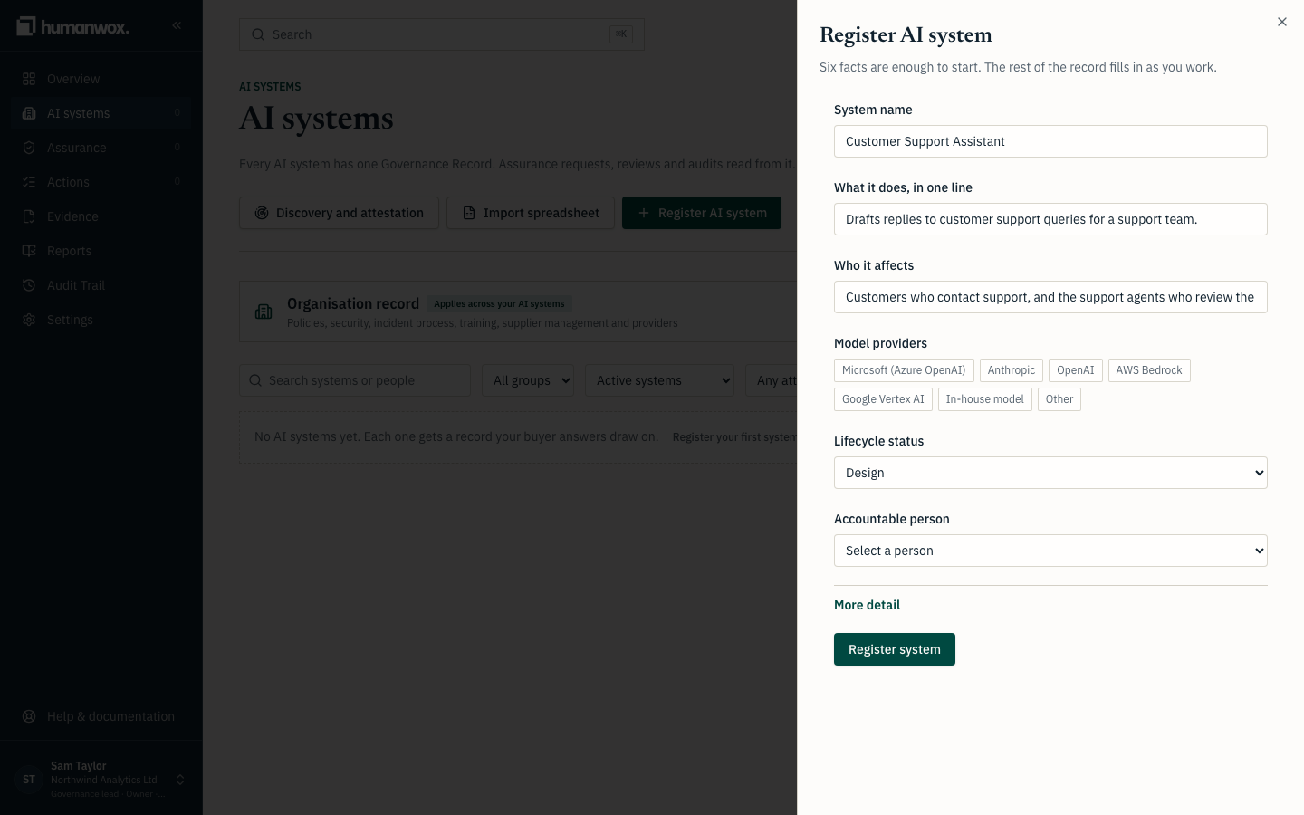 Registering a new AI system. Fill in the name, what it does, who it affects and the model providers.