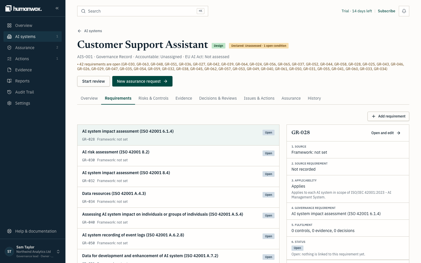 The Requirements tab. Each Governance Requirement shows its derived status.