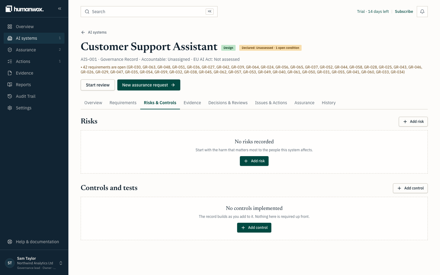 The Risks & Controls tab. Each control addresses a risk and carries its test date and outcome.